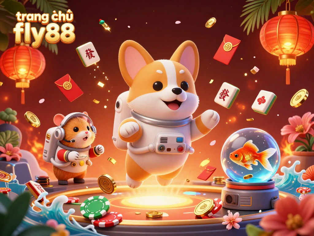 Experience the dynamic fun at trang chủ fly88 as the astronaut corgi gambles among drifting coins and festive lanterns.