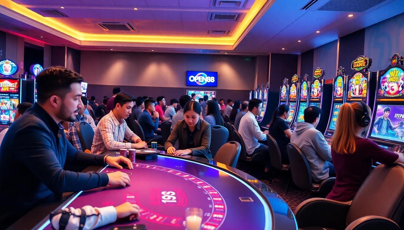 OPEN88 online casino vibrant gaming scene with diverse players engaging in live dealer tables and esports.