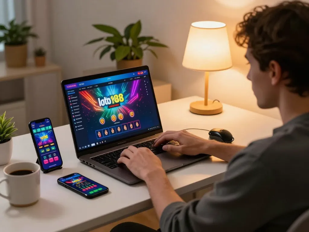 Playing loto188 on a laptop in a cozy home setup with warm lighting, showcasing engaging online gaming.