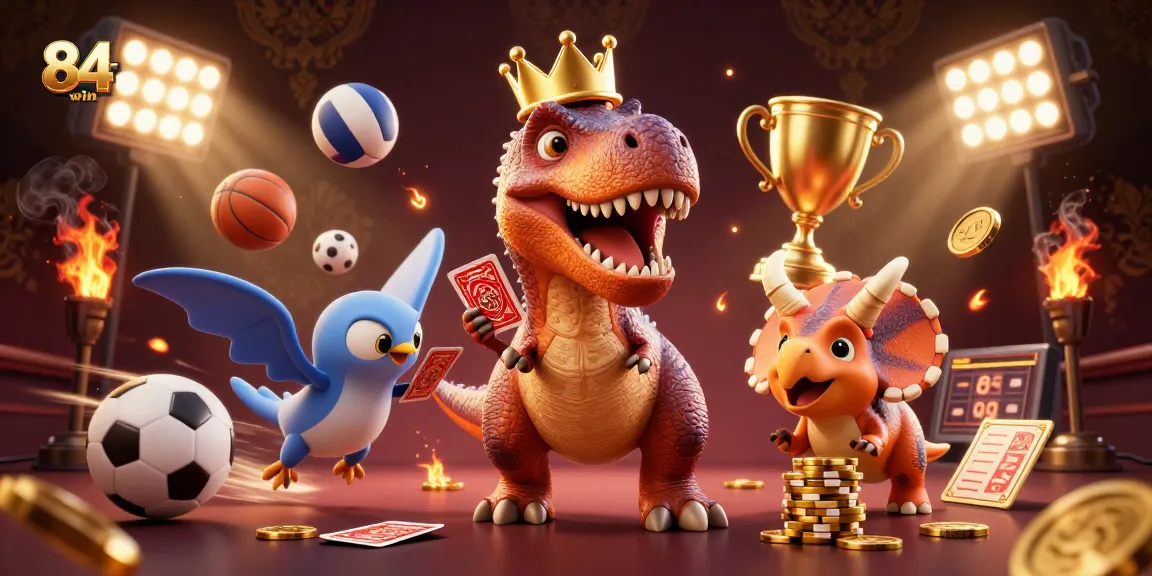 Engage in thrilling gameplay at 84win with a vibrant casino scene featuring animated characters and sports elements.