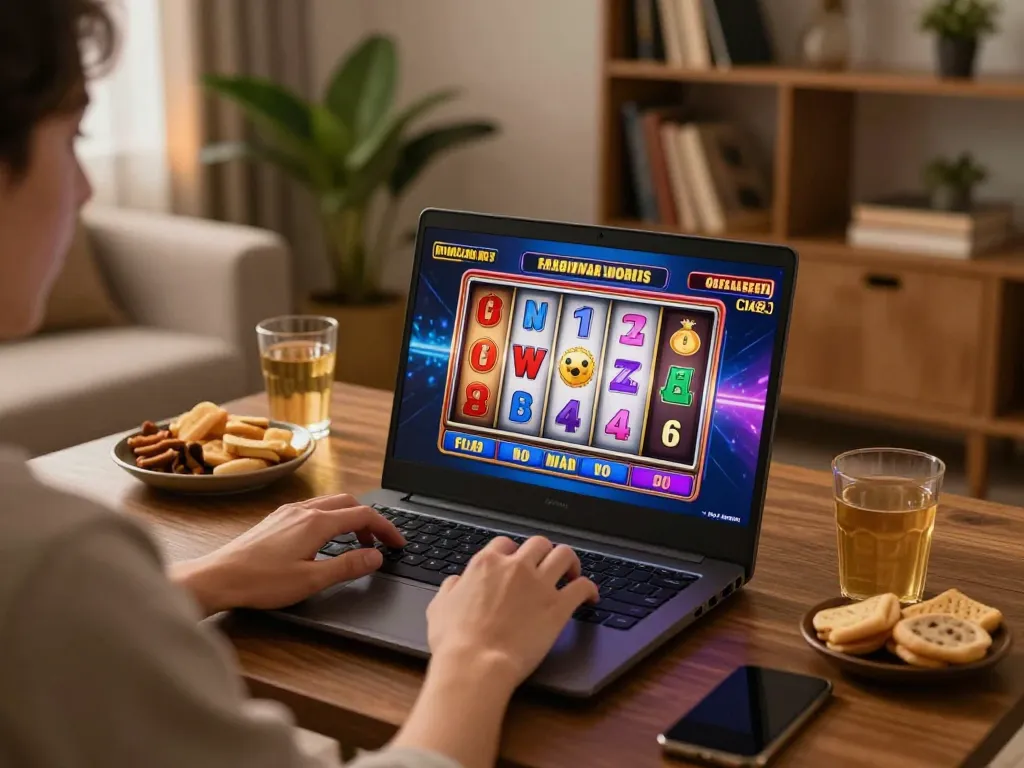 Experience exhilarating slot gameplay at CM88 with vibrant reels and a cozy gaming setup