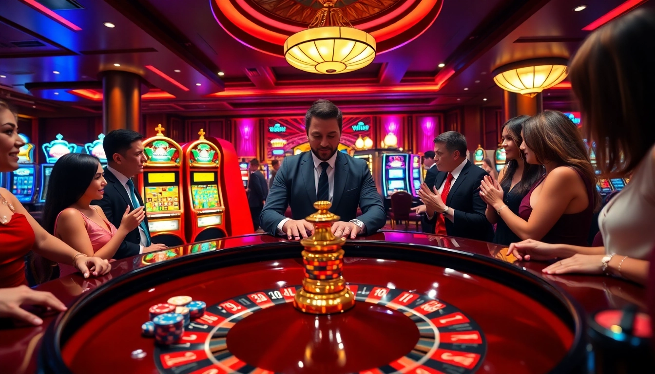 Players enjoying a thrilling game at xin88 casino, featuring a vibrant roulette table and bright casino atmosphere.