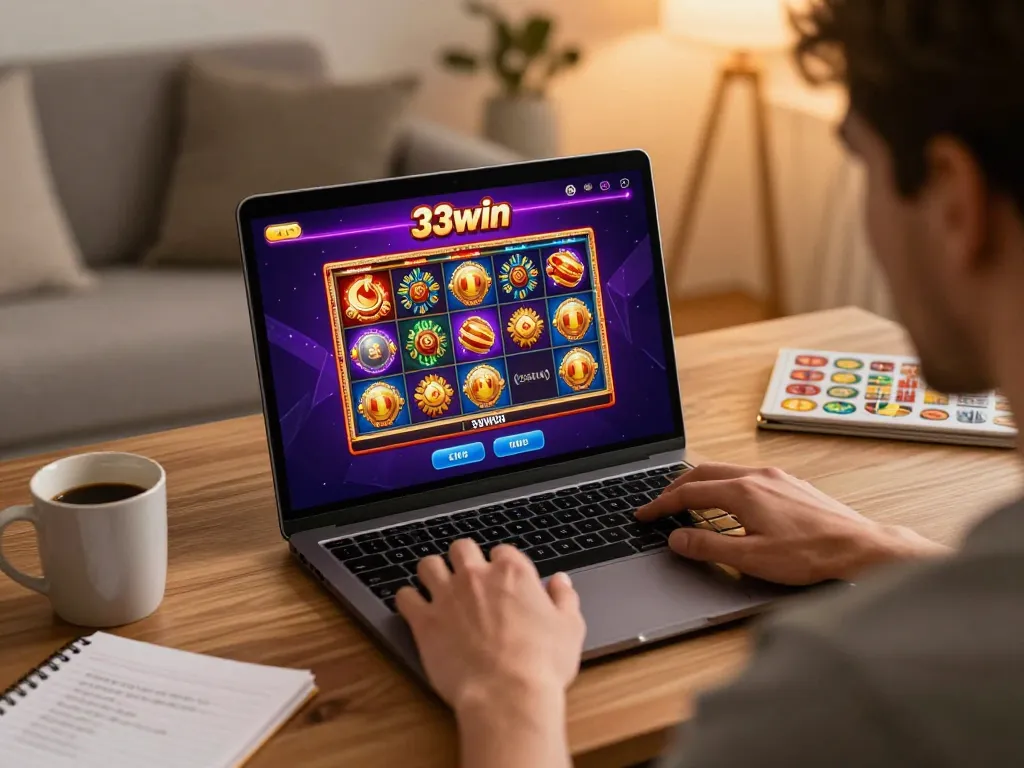 Player engaging with the 33win online casino app on a laptop, displaying vibrant game graphics