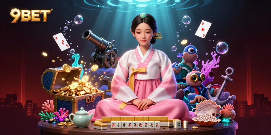 Engage with 9BET in this captivating casino scene, illustrating a serene ambiance with treasures and gaming elements.