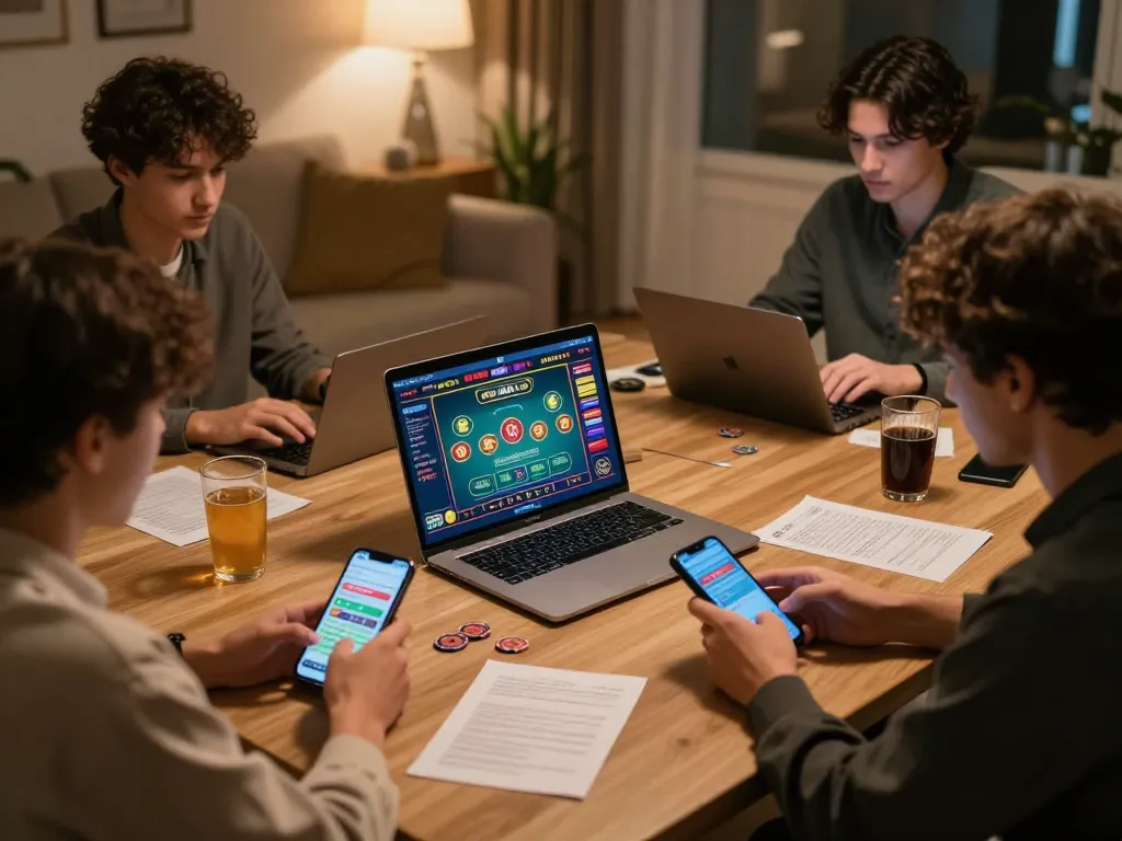 Players engaged in online gaming at home, showcasing vn88a casino features on laptops and smartphone.