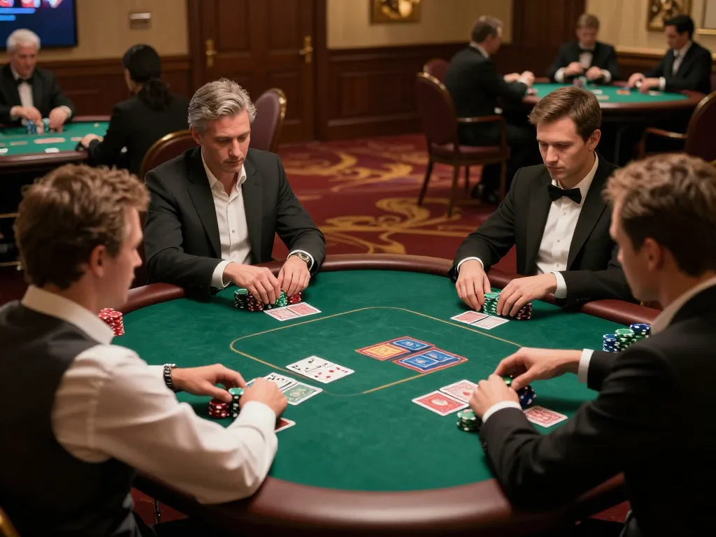 Players strategizing in a high-stakes poker game at 78win casino.
