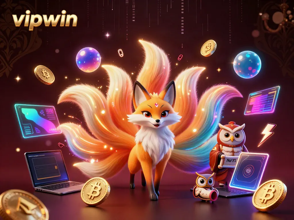Experience thrilling gameplay at vipwin with a colorful nine-tailed fox and wise owl guiding players through the casino.