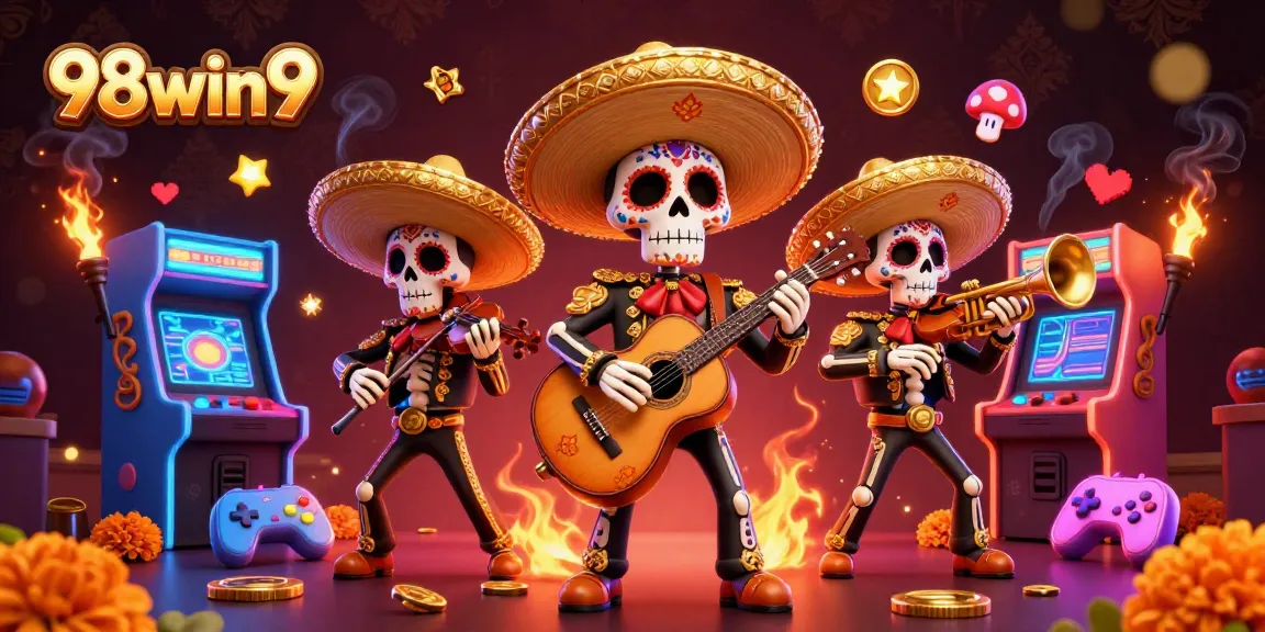 Experience exciting gameplay at 98win9 with vibrant illustrations of a mariachi band and casino fun.
