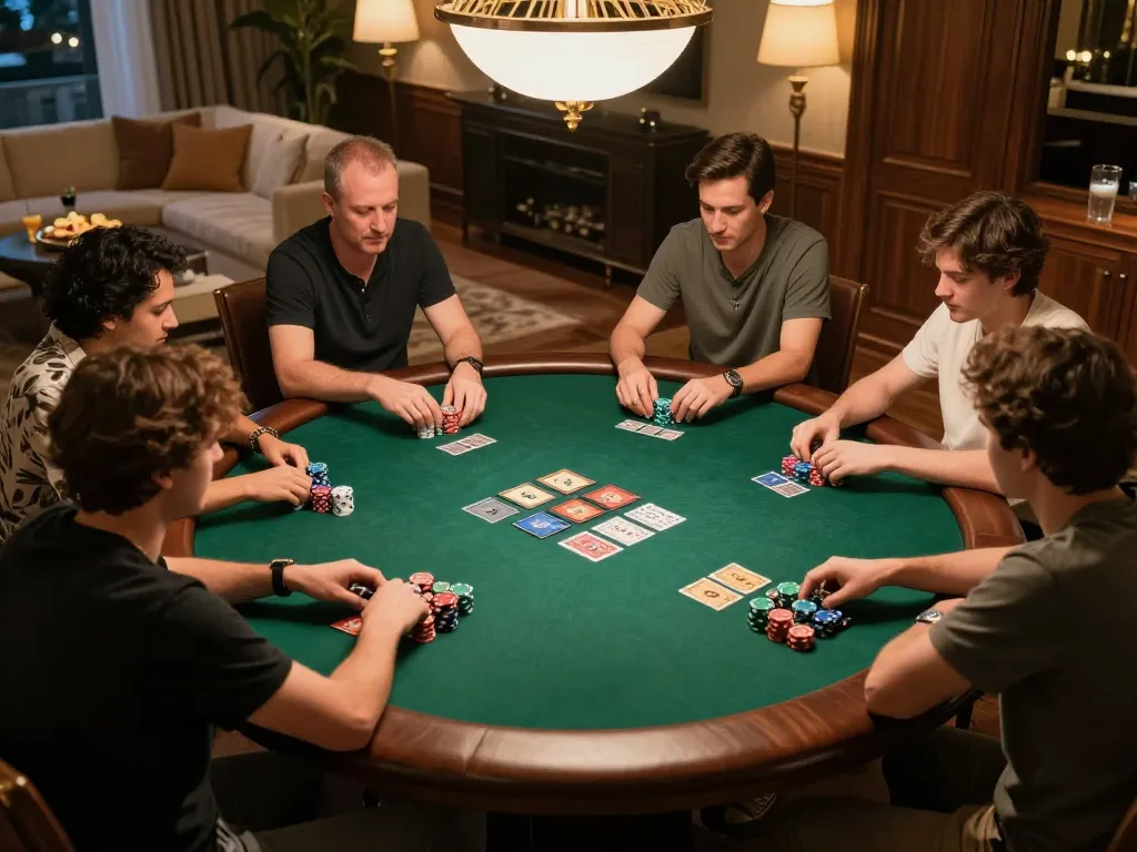 Enjoying a thrilling poker game at home with qq8827, showcasing players engaged in strategic gameplay and social interaction.