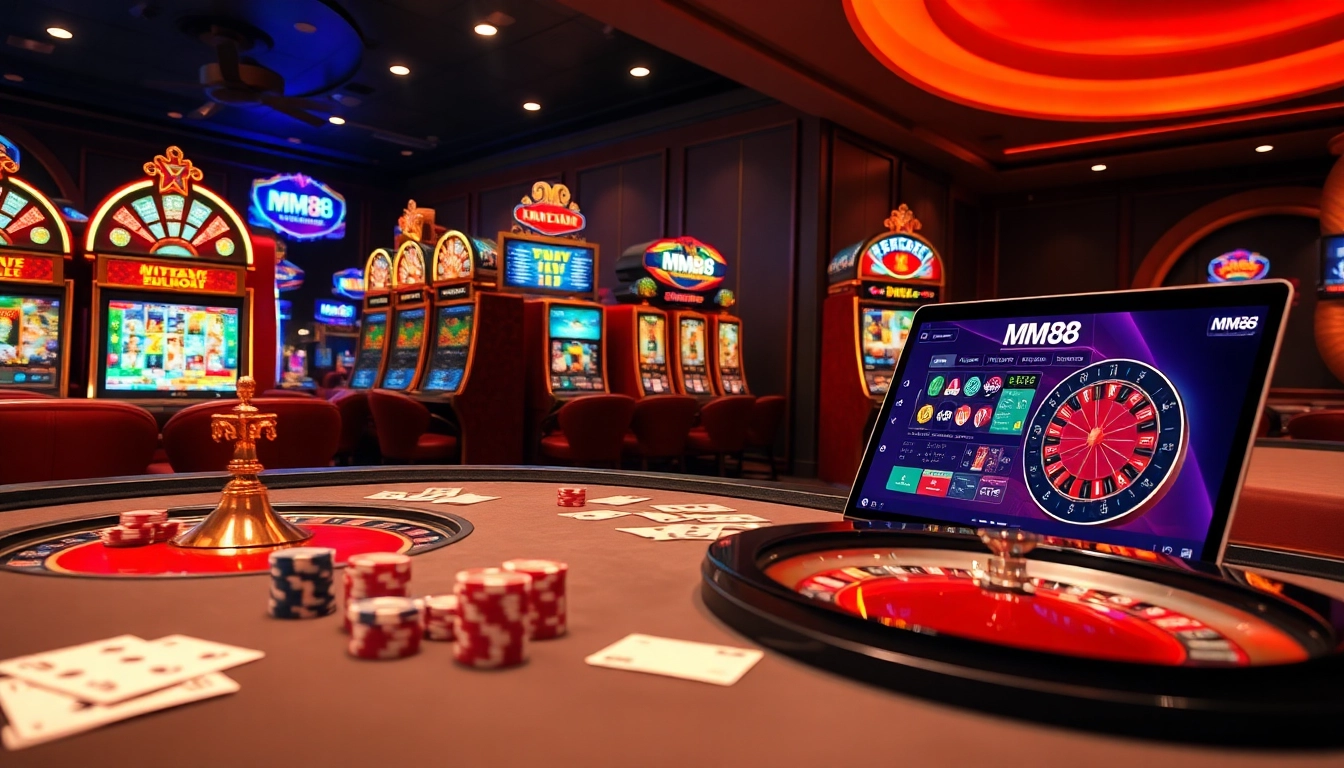 MM88 online gambling scene with poker chips, roulette, and vibrant slot machines for an immersive experience.