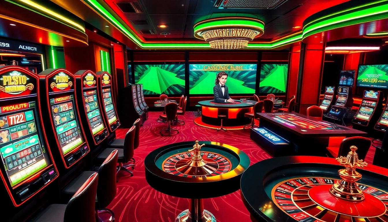 Engaging PS99 casino scene showcasing exciting slot machines and a roulette wheel.