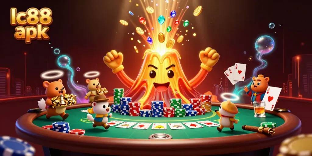 Experience thrilling wins with lc88 apk as a golden volcano erupts treasures in a vibrant casino scene.