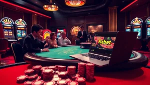 8xbet players enjoying an exciting poker game at a luxurious casino table.