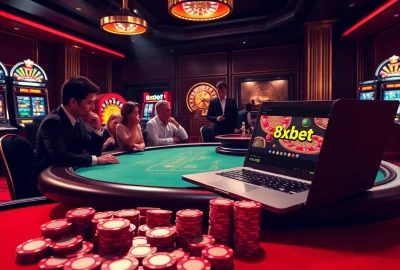 8xbet players enjoying an exciting poker game at a luxurious casino table.
