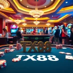 Engaging gamblers at a luxurious casino table showcasing TX88 with poker chips and cards.