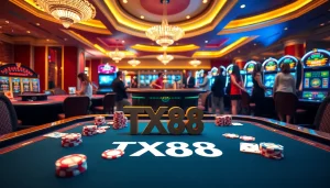 Engaging gamblers at a luxurious casino table showcasing TX88 with poker chips and cards.