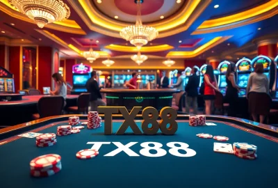 Engaging gamblers at a luxurious casino table showcasing TX88 with poker chips and cards.