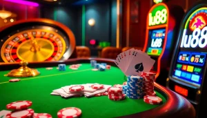 Experience the thrill of lu88 gambling at a luxurious casino table with vibrant poker chips and cards.