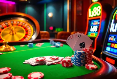 Experience the thrill of lu88 gambling at a luxurious casino table with vibrant poker chips and cards.