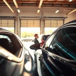 Install auto window tint near me while a technician applies film to a vehicle window.