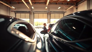 Install auto window tint near me while a technician applies film to a vehicle window.