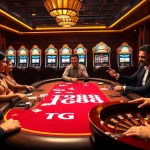 Experience the excitement of TG88 poker with chips and cards in a glamorous casino setting.