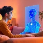 Engaging scene of a human interacting with their girlfriend AI in a cozy modern setting.