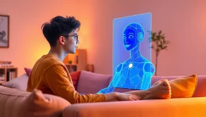 Engaging scene of a human interacting with their girlfriend AI in a cozy modern setting.
