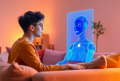 Engaging scene of a human interacting with their girlfriend AI in a cozy modern setting.