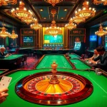 Experience the thrill of gambling at https://mm88.press/ with vibrant casino tables and a roulette wheel.
