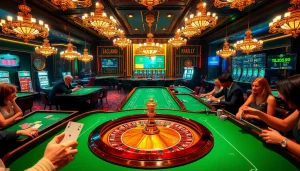 Experience the thrill of gambling at https://mm88.press/ with vibrant casino tables and a roulette wheel.