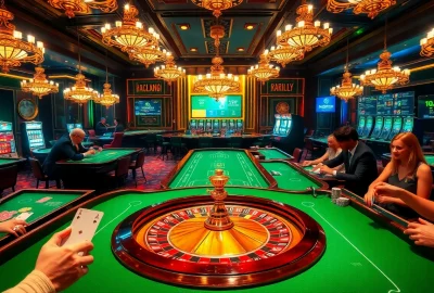 Experience the thrill of gambling at https://mm88.press/ with vibrant casino tables and a roulette wheel.