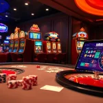 MM88 online gambling scene with poker chips, roulette, and vibrant slot machines for an immersive experience.