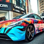 Visit the Car wrap shop Calgary, showcasing vibrant vehicle wraps in a stylish urban setting.