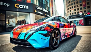 Visit the Car wrap shop Calgary, showcasing vibrant vehicle wraps in a stylish urban setting.