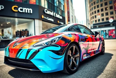 Visit the Car wrap shop Calgary, showcasing vibrant vehicle wraps in a stylish urban setting.