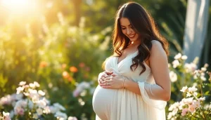 Expectant mother radiating joy during a Babybauch Fotoshooting in a sunlit garden.