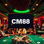 Engage in thrilling casino gameplay with CM88, surrounded by vibrant tables and colorful chips.