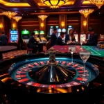 An exciting scene at an F8Bet casino with players engaged at a roulette table and vibrant slot machines.